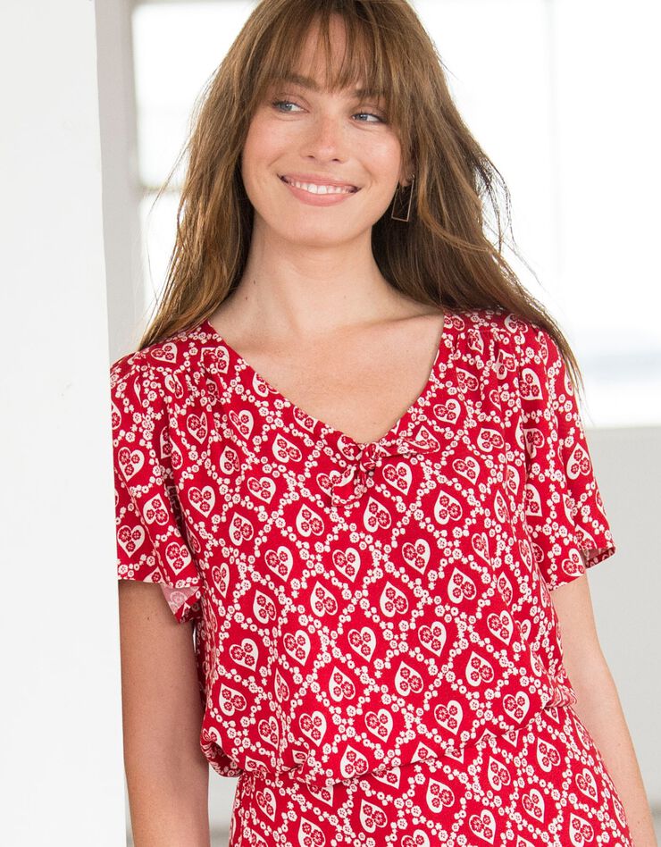 Blouse imprimée coeurs, petit noeud au décolleté (rouge)