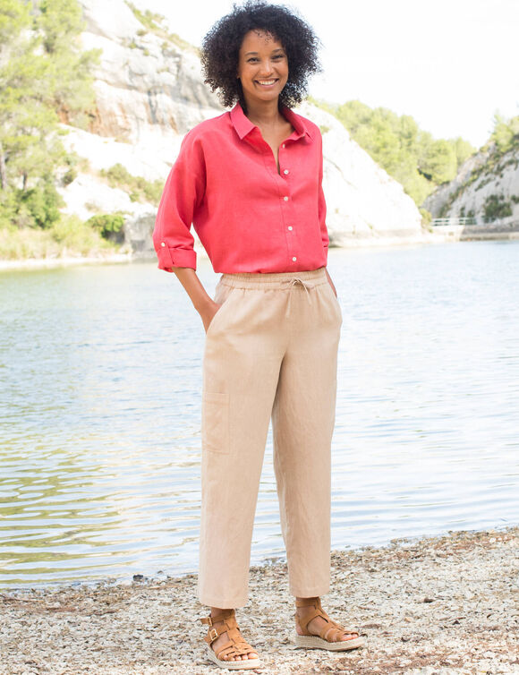 Chemise en coton-lin, manches longues retroussables  (rose)