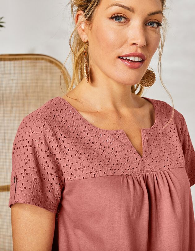 Tee-shirt manches courtes, plastron broderie anglaise, terracotta, hi-res