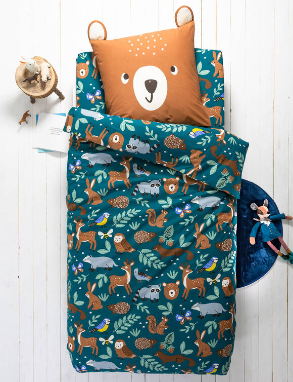 Bedlinnen voor kinderen met knuffelbeer motief in biologisch katoen, eco-verantwoord (groen)