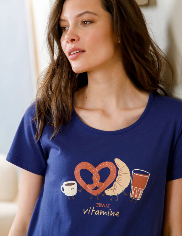Chemise de nuit longue &agrave; manches courtes, imprim&eacute; "petit d&eacute;jeuner'" (marine)