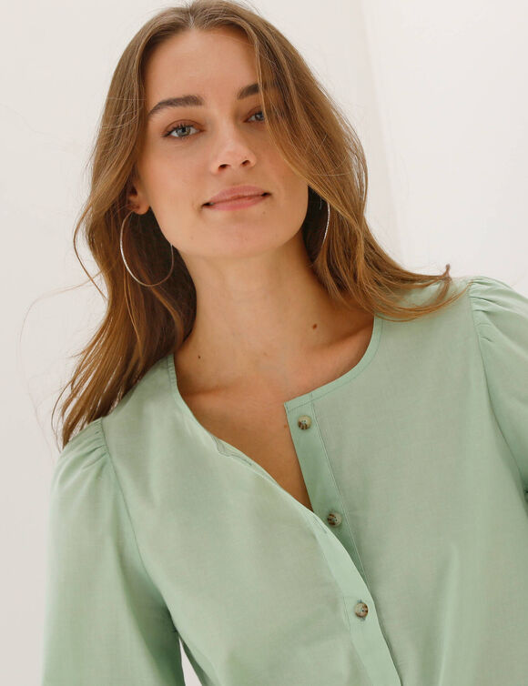 Chemisier uni col rond, manches longues blousantes (vert)