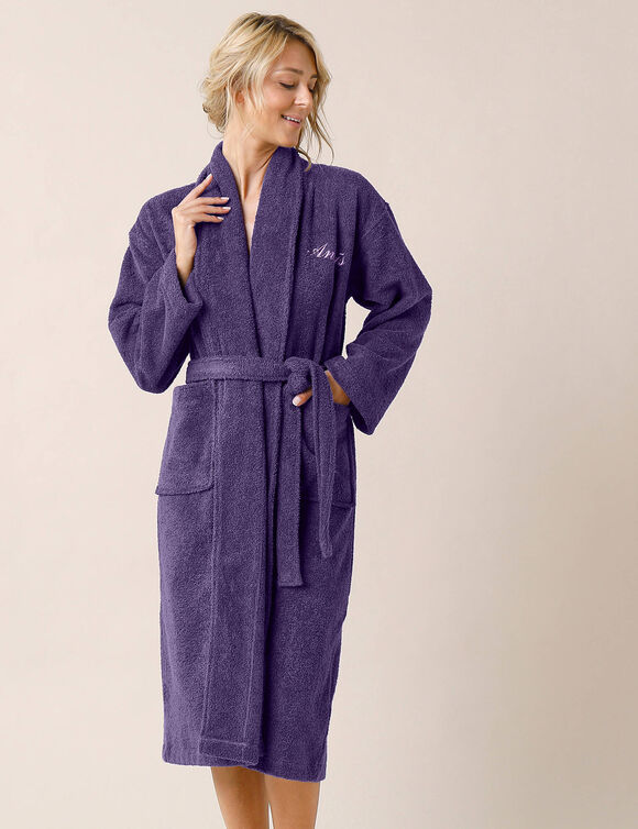 Unisex badjas voor volwassenen met gepersonaliseerde sjaalkraag - lusjesbadstof 380 g/m&sup2; (aubergine)