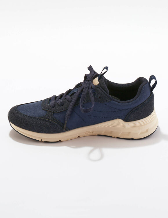 Sneakers in 2 materialen, met sleehak en veters (marine)