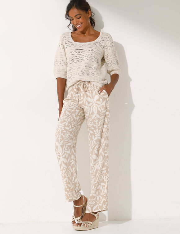 Pull col carr&eacute; uni, maille ajour&eacute;e (&eacute;cru)