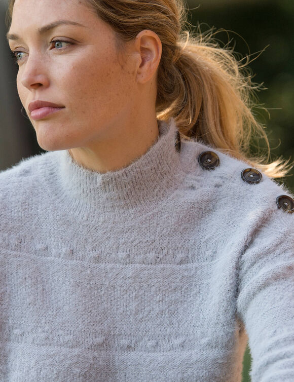 Pull col montant, maille poilue fantaisie (gris)