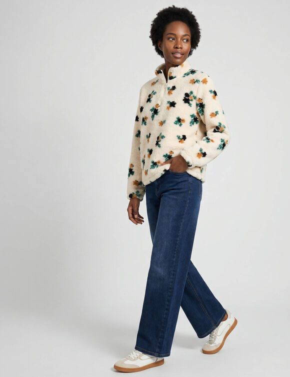 Sweater met hoge kraag en ritssluiting, van boucl&eacute;-fleece, met bloemprint (ecru / hazelnootbruin)