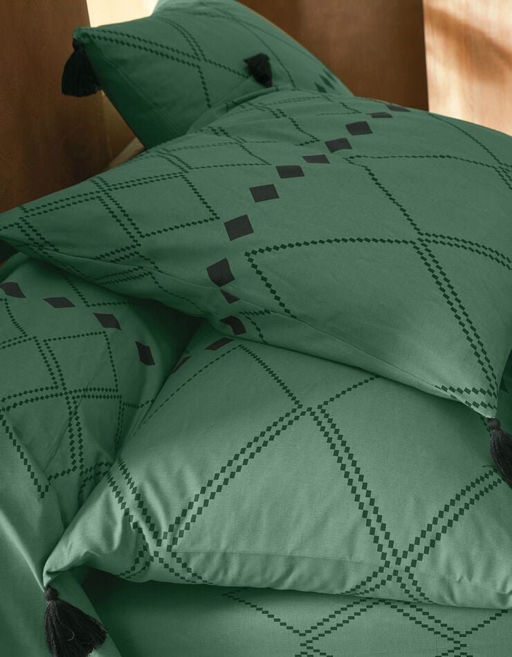 Linge de lit Massai coton à motifs graphiques et finitions pompons, vert, hi-res image number 1