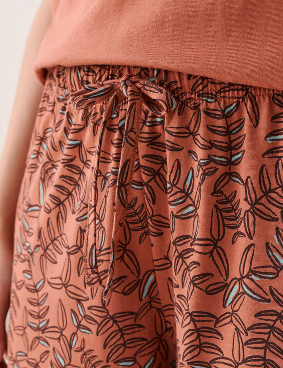 Pantacourt pyjama coton imprim&eacute; "feuillage" avec lien &agrave; nouer (terracotta)