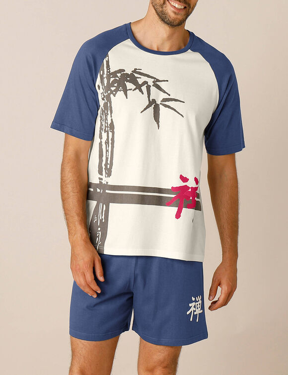 Pyjama short motif bambou (&eacute;cru / indigo)