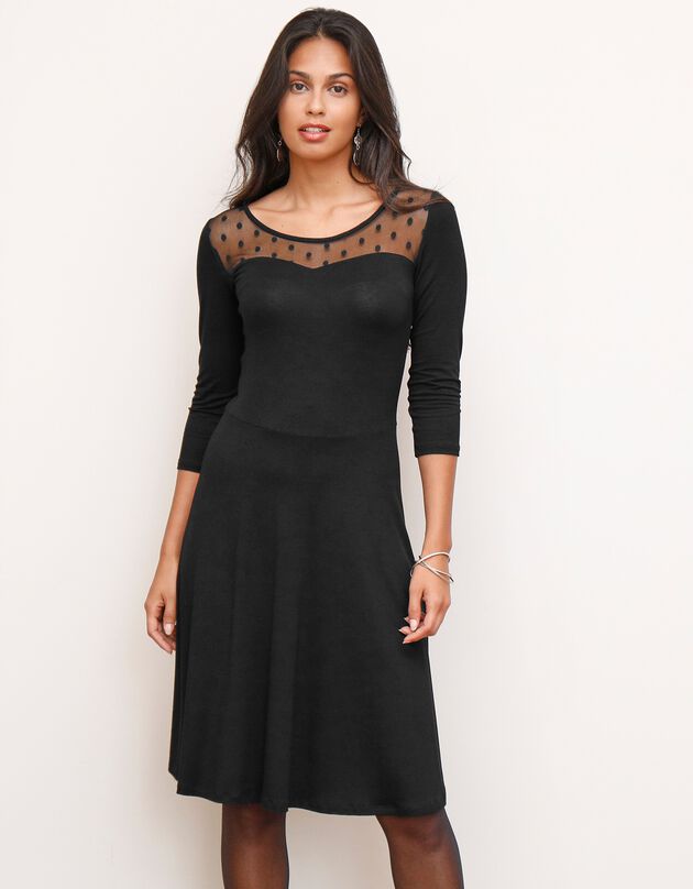 Zwierige jurk met decolleté in plumetis - effen (zwart)