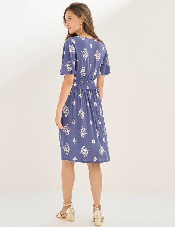 Robe courte cache-coeur imprim&eacute;e bouquet (bleu)