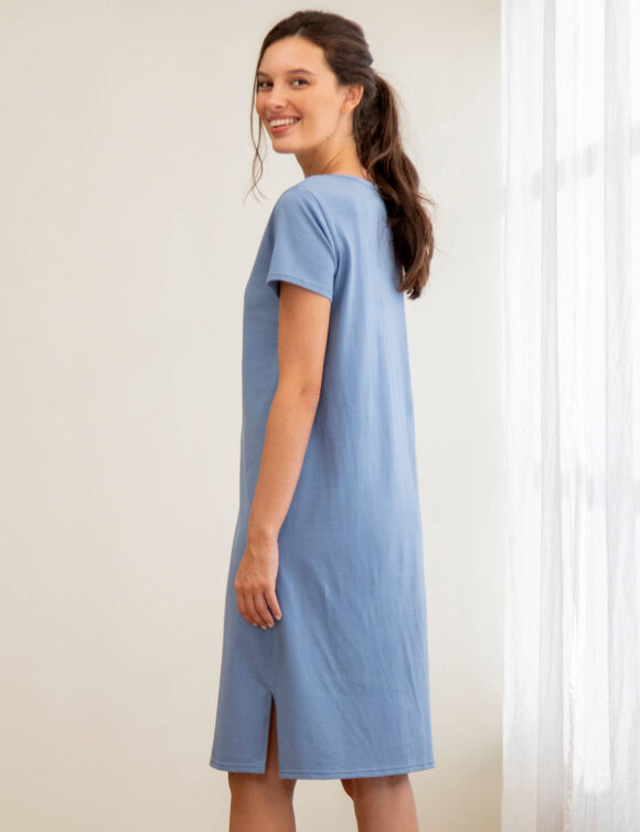 Chemise de nuit courte motif plac&eacute; ourson manches courtes  (bleu gris&eacute;)