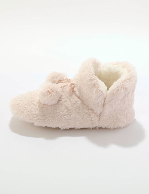 Chaussons forme botillon avec pompons effet fausse fourrure (rose)