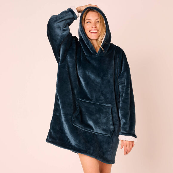 Plaid-sweat polaire à capuche doublé sherpa (grijsblauw)