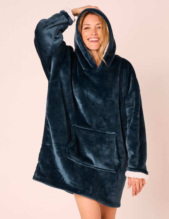 Hoodie-plaid in fleece met kap en sherpavoering (grijsblauw)