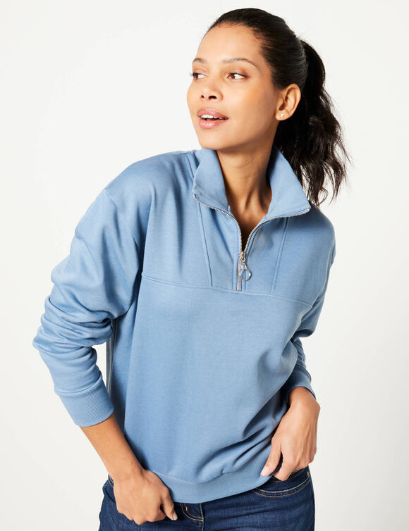 Sweat col montant zippé en molleton gratté (bleu jean)