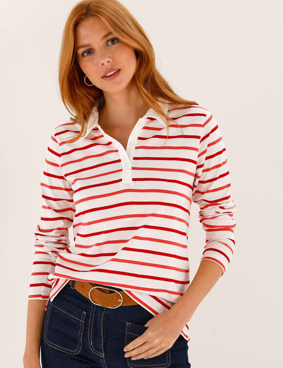 T-shirt ray&eacute; col polo, maille jersey (&eacute;cru / rouge)