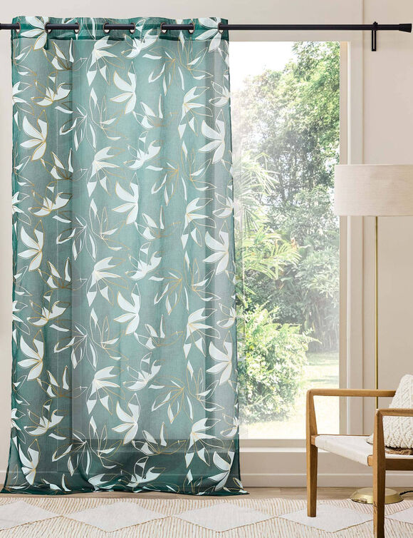 Voilage motif feuillage, imprim&eacute; m&eacute;tallis&eacute;, finition oeillets (&eacute;meraude / dor&eacute;)