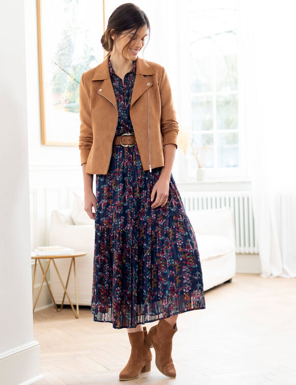 Blouson zippé col tailleur pressionné, suédine (caramel)