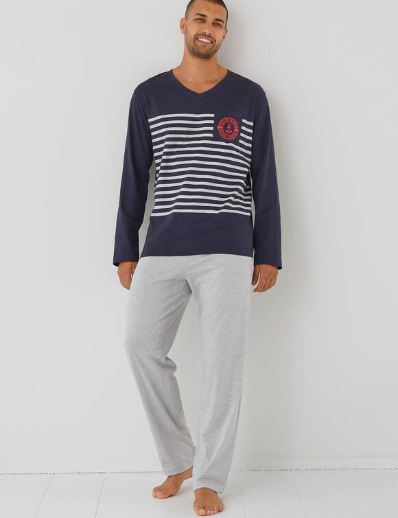 Pyjama met V-hals en tekst (marine / chin&eacute; grijs)
