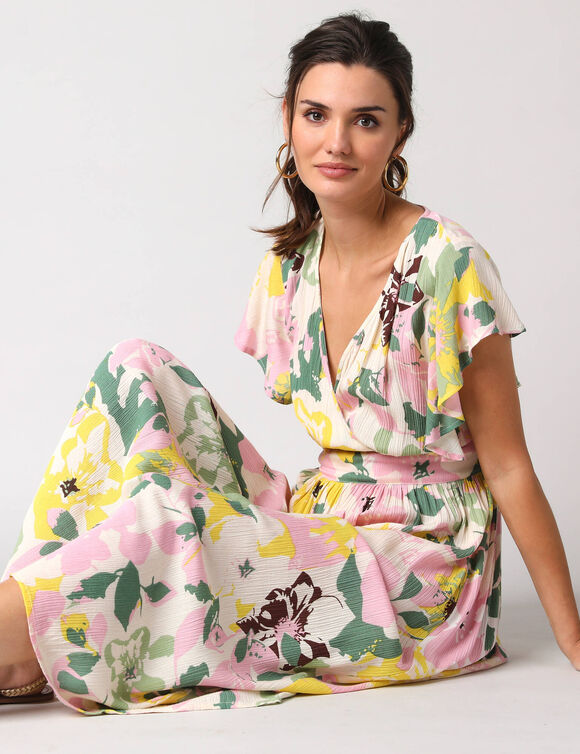 Robe cache-coeur imprim&eacute;e, cr&eacute;pon (jaune / vert)