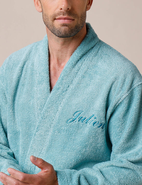 Effen badjas voor volwassenen met kimono-kraag, gepersonaliseerd &ndash; lusjesbadstof 380 g/m&sup2; (watergroen)
