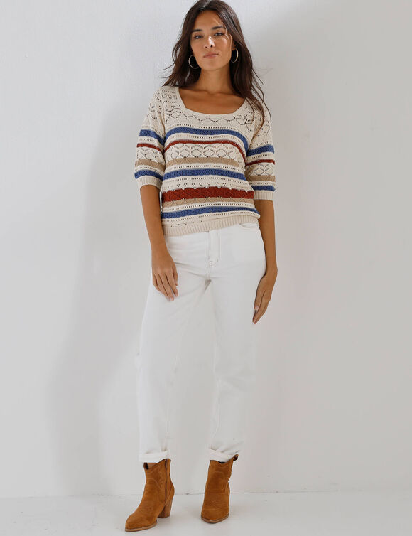 Pull col carr&eacute; ray&eacute;, maille ajour&eacute;e (&eacute;cru / bleu gris&eacute;)