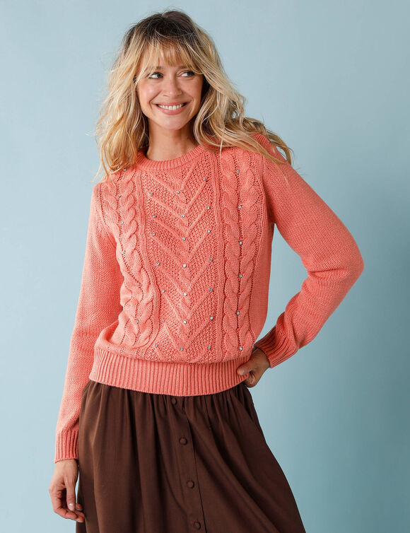 Pull spécial Petites torsades et strass (pêche)