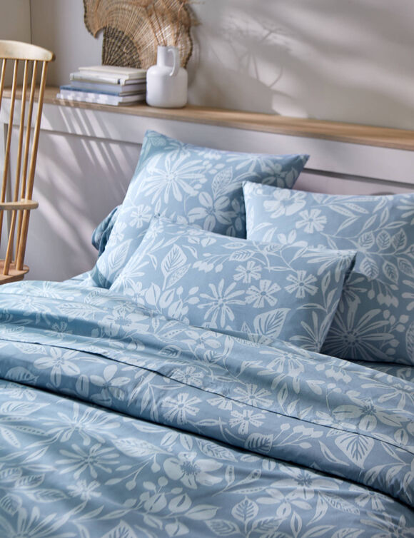 Linge de lit Céline en coton imprimé floral (bleu grisé)