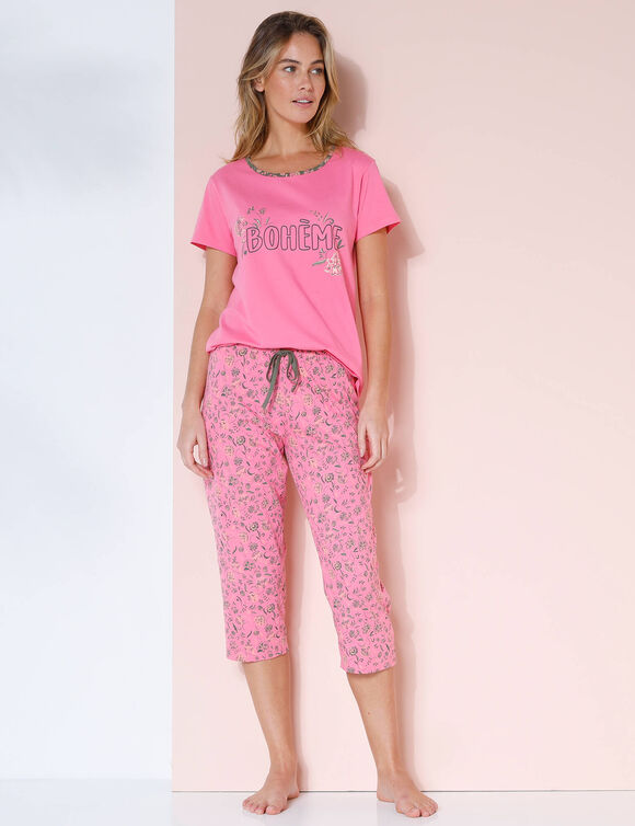 T-shirt met korte mouwen in effen katoen met geplaatste "Bohème" print (Indisch roze)