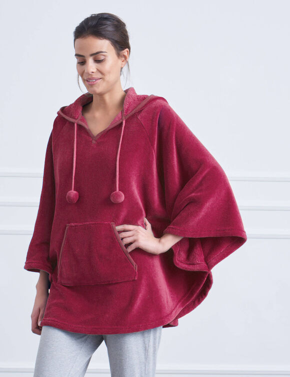 Poncho à capuche, maille polaire toucher peluche (cerise)