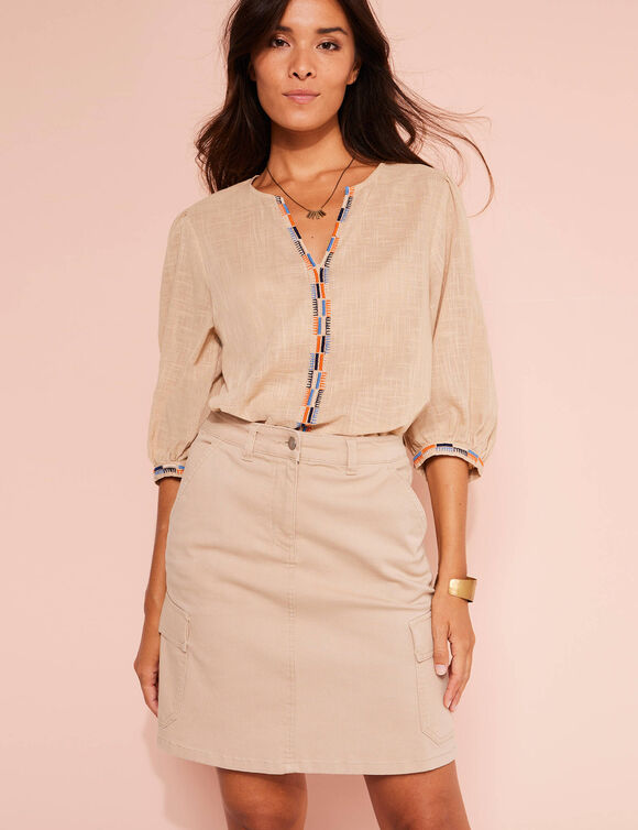 Blouse brodée en coton unie, manches 3/4 (beige)