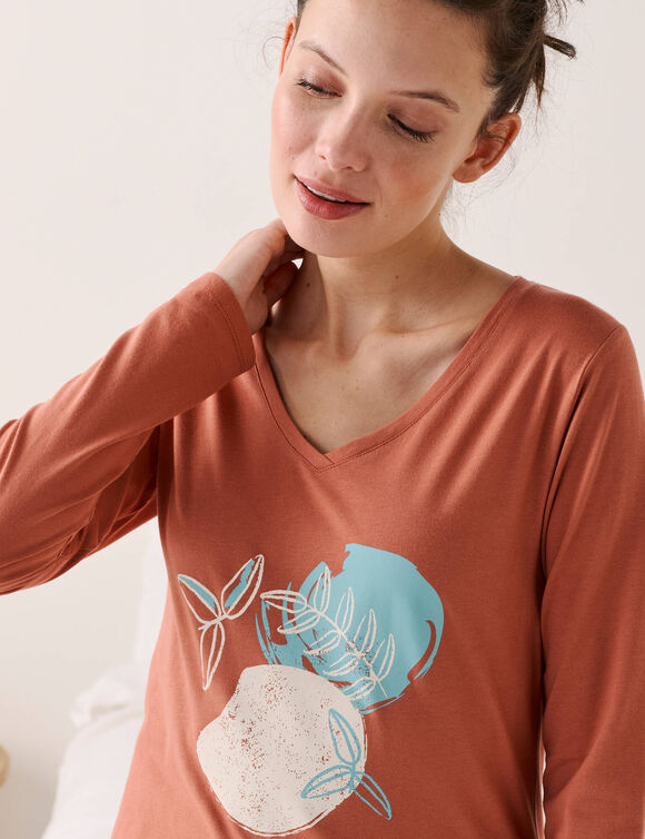 T-shirt de pyjama manches longues imprim&eacute; "feuillage" (terracotta)