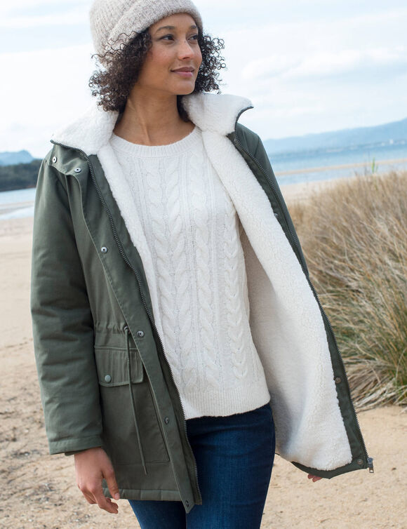 Parka déperlante à capuche, doublée polaire sherpa (kaki)