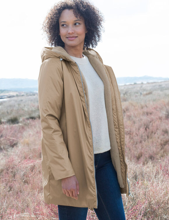 Parka imperm&eacute;able fourr&eacute;e, mi-longue (beige iris&eacute;)