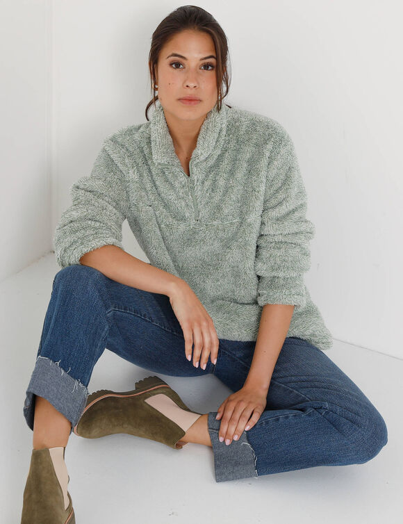 Sweat zippé, maille peluche (vert amande chiné)