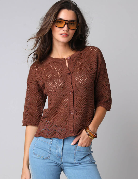 Gilet maille ajour&eacute;e manches coude (marron)