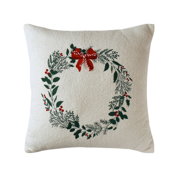 Coussin coton bouclette, broderies Noël (ecru / rood / groen)