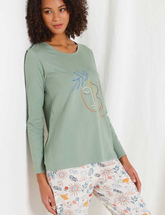 Pyjama pantalon imprimé "Madère" (vert / beige)