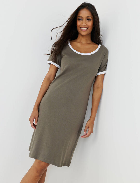 Robe courte bicolore, manches courtes (kaki / blanc)