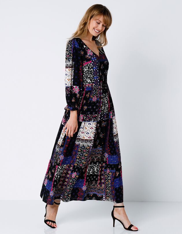 Lange jurk met patchwork (zwart / violine)