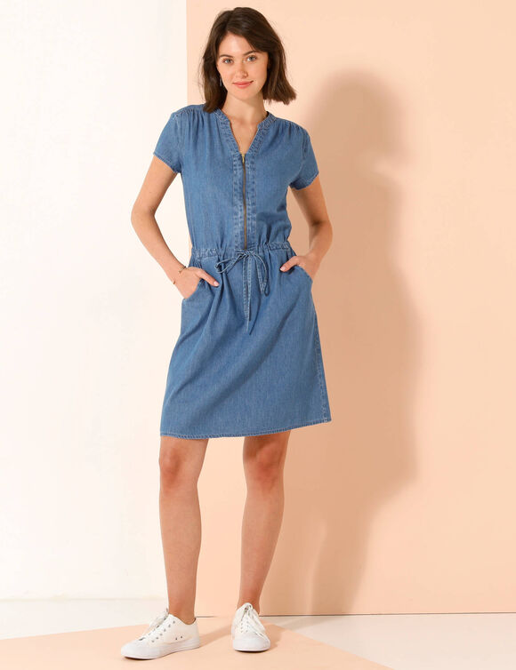 Robe courte col zippé, denim léger (stone)