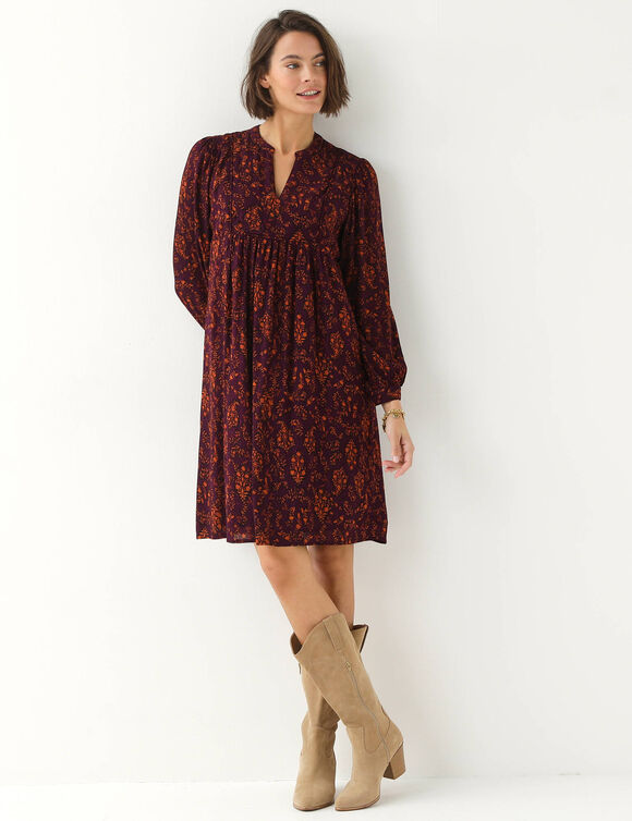 Robe housse col mao, cr&eacute;pon imprim&eacute; (prune / caramel)
