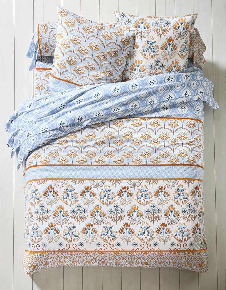 Linge de lit Héloïse en coton imprimé fleuri graphique, bleu Linge de lit Héloïse en coton imprimé fleuri graphique, bleu, hi-res image number 0