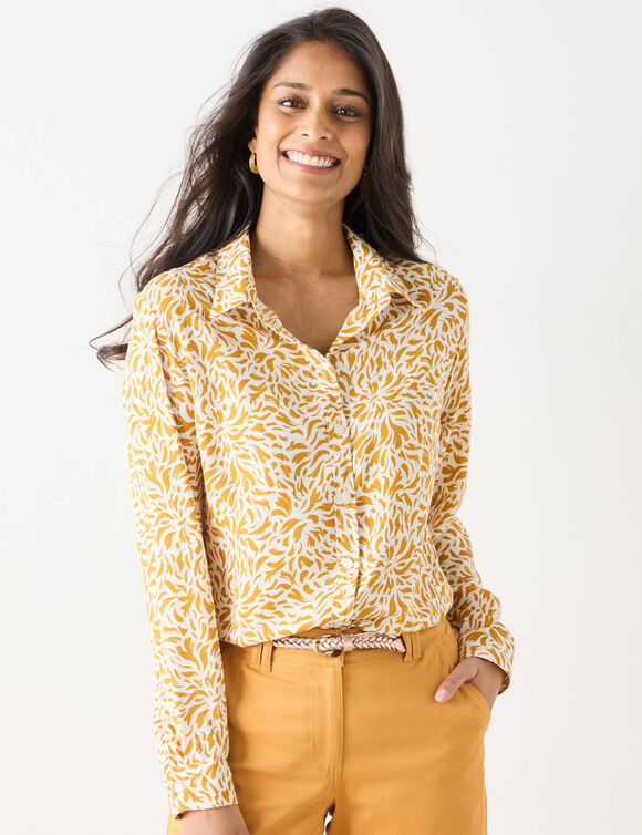 Tweekleurige blouse bedrukt, van cr&ecirc;pe (ecru / kerrie)