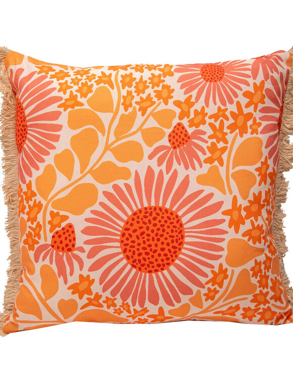 Kussen met gekleurde bloemen en franjes (koraal / perzik)