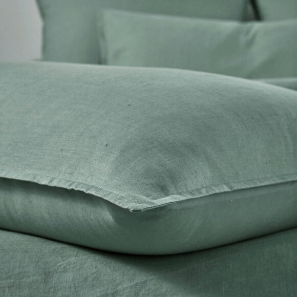 Linge de lit uni biface lin lavé / coton lavé  (céladon)