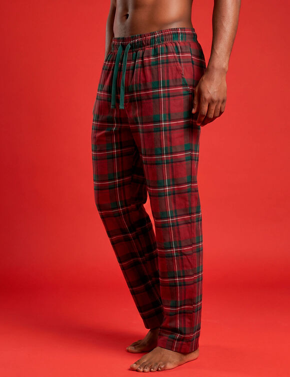 Pyjama pantalon homme, esprit No&euml;l en coton flanelle, avec son pochon (rouge / vert)