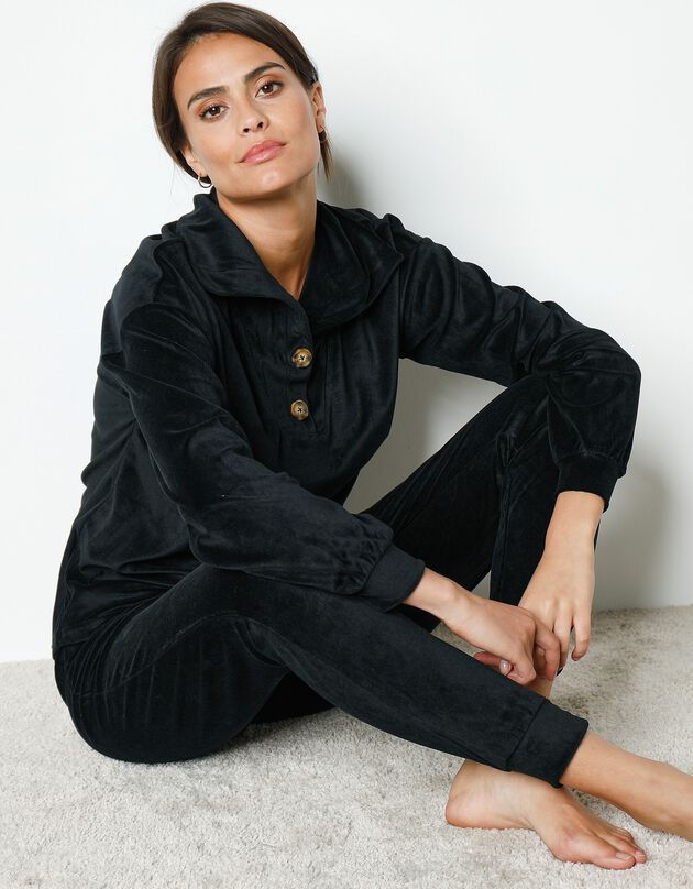 Pyjama in stretchvelours met lange mouwen en knoopjes aan de kraag (zwart)
